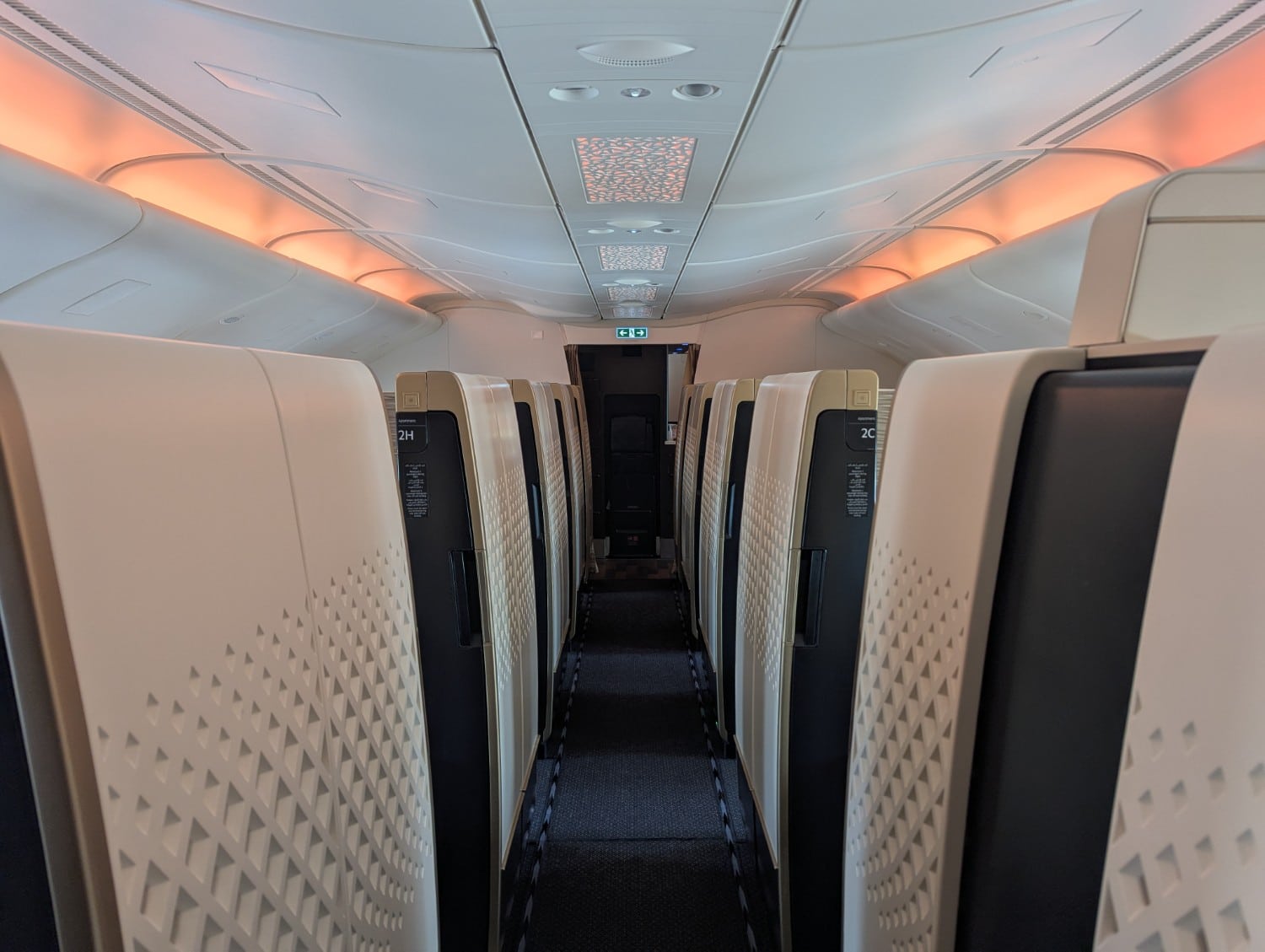 Cabin view in the first class cabin of Etihad A380. 