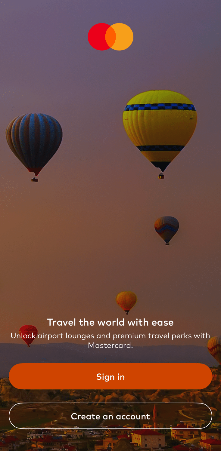 Écran de bienvenue de l'application MasterCard Travel Card