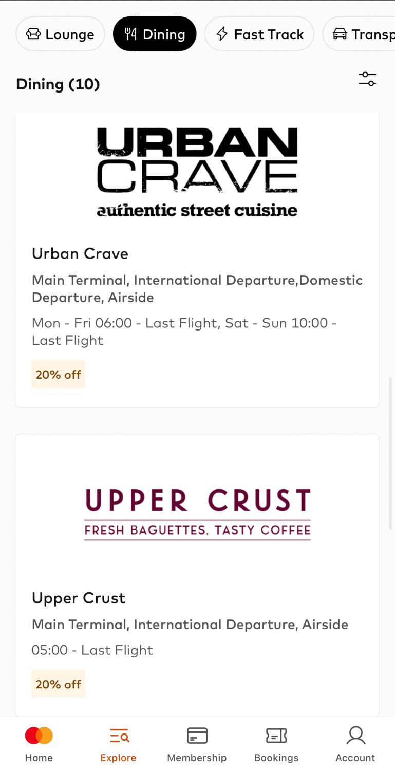 Offres de réduction sur la nourriture de la carte de voyage MasterCard