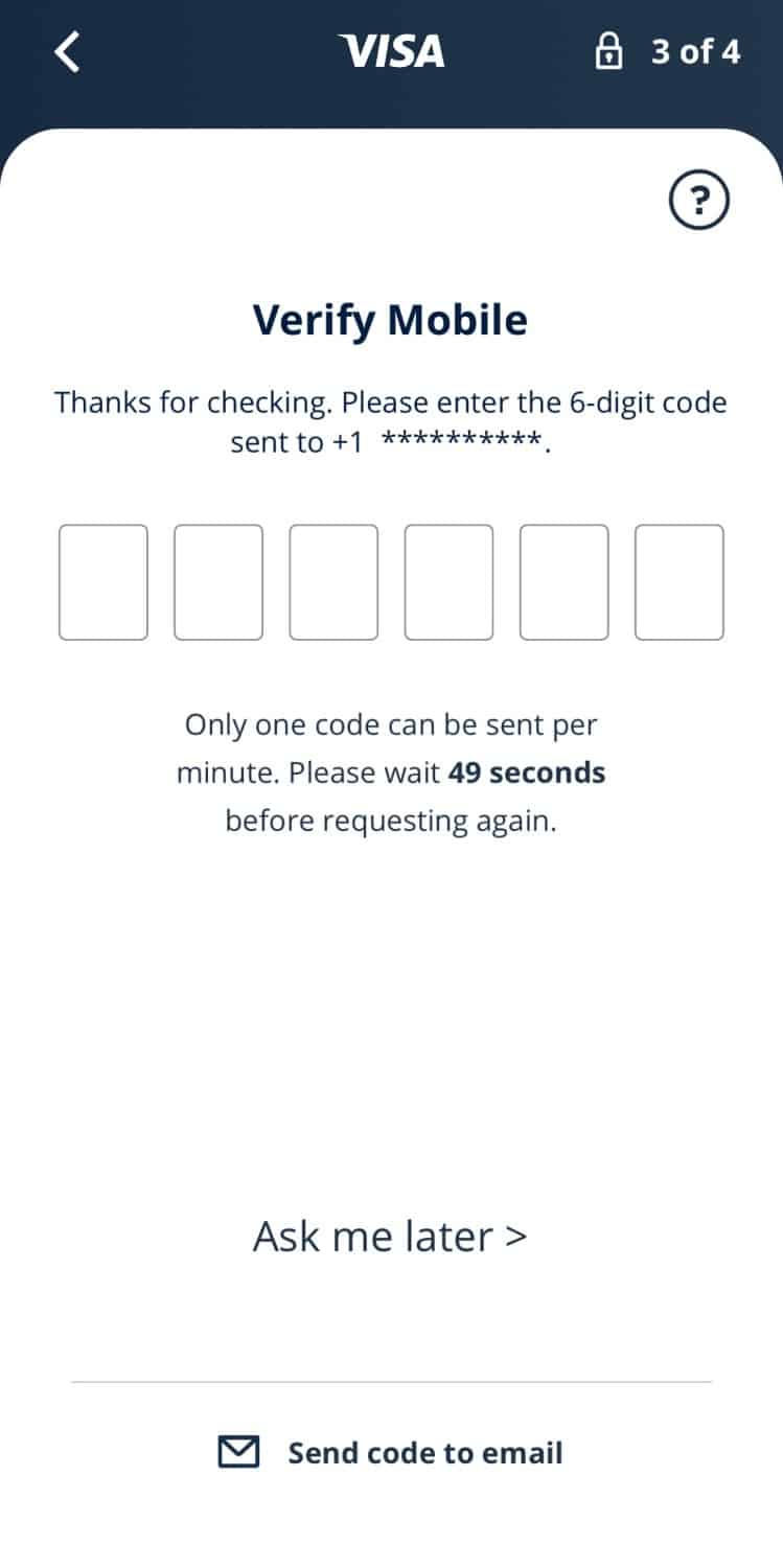 Visa Airport Companion App Enregistrer une vérification du téléphone mobile