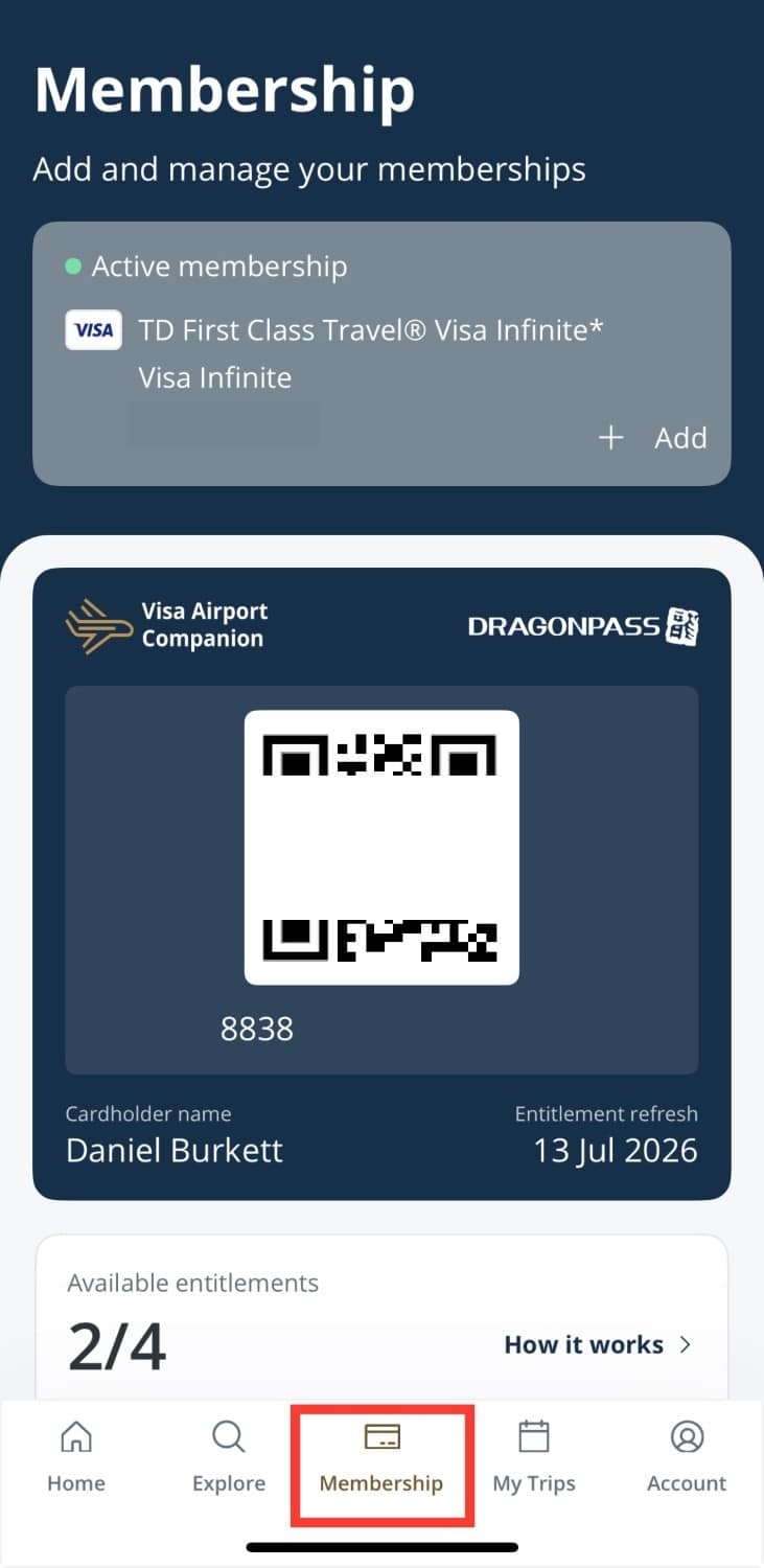 Visa Airport Companion avec un certain nombre de passes de salle