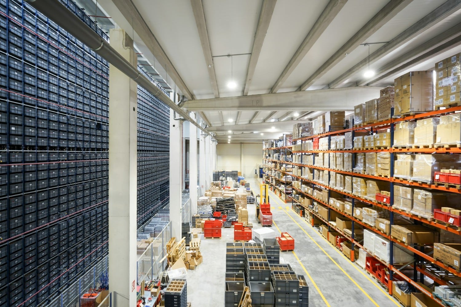warehouse with many boxes on shelves