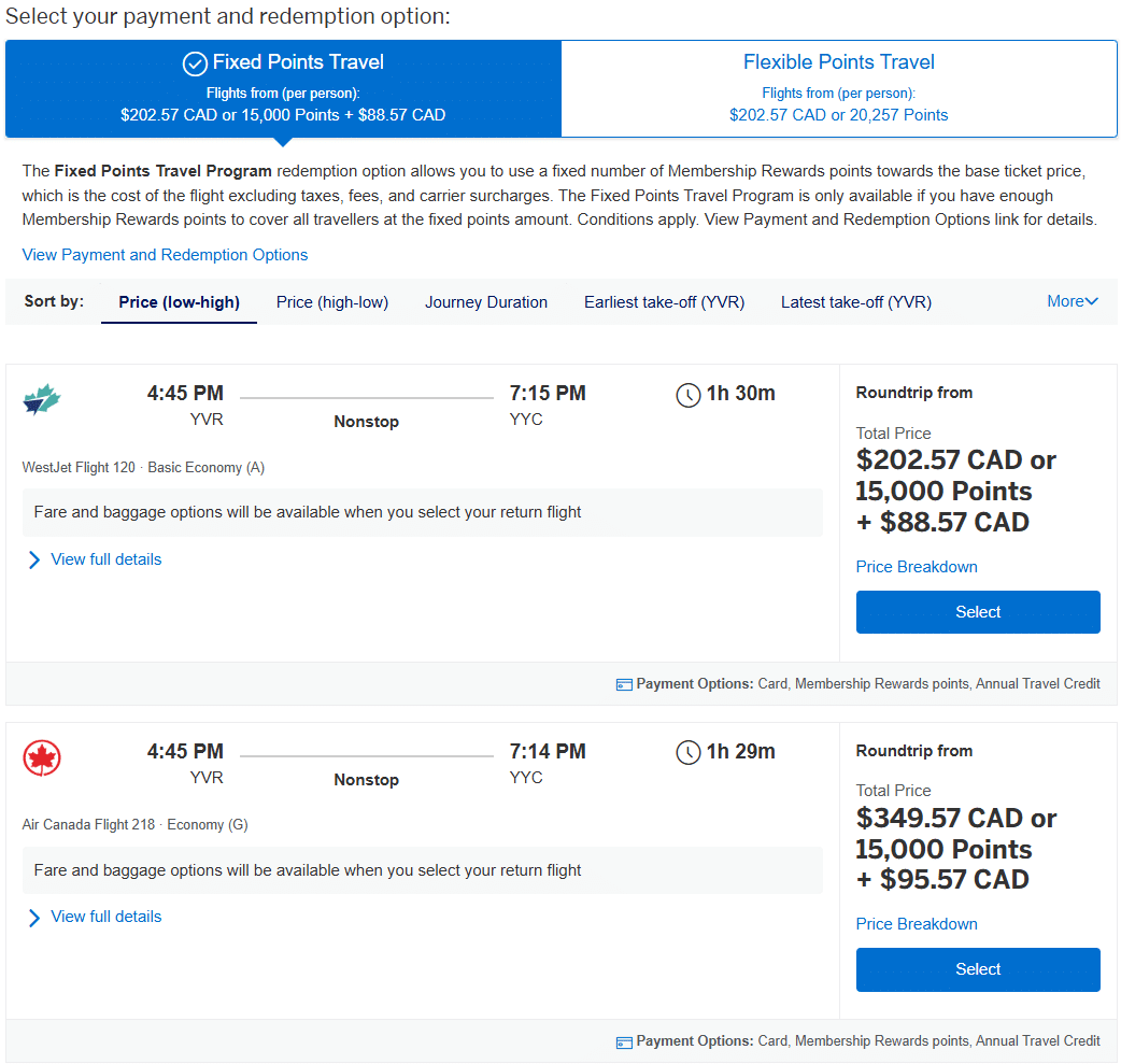 amex travel portal fixed points travel search results