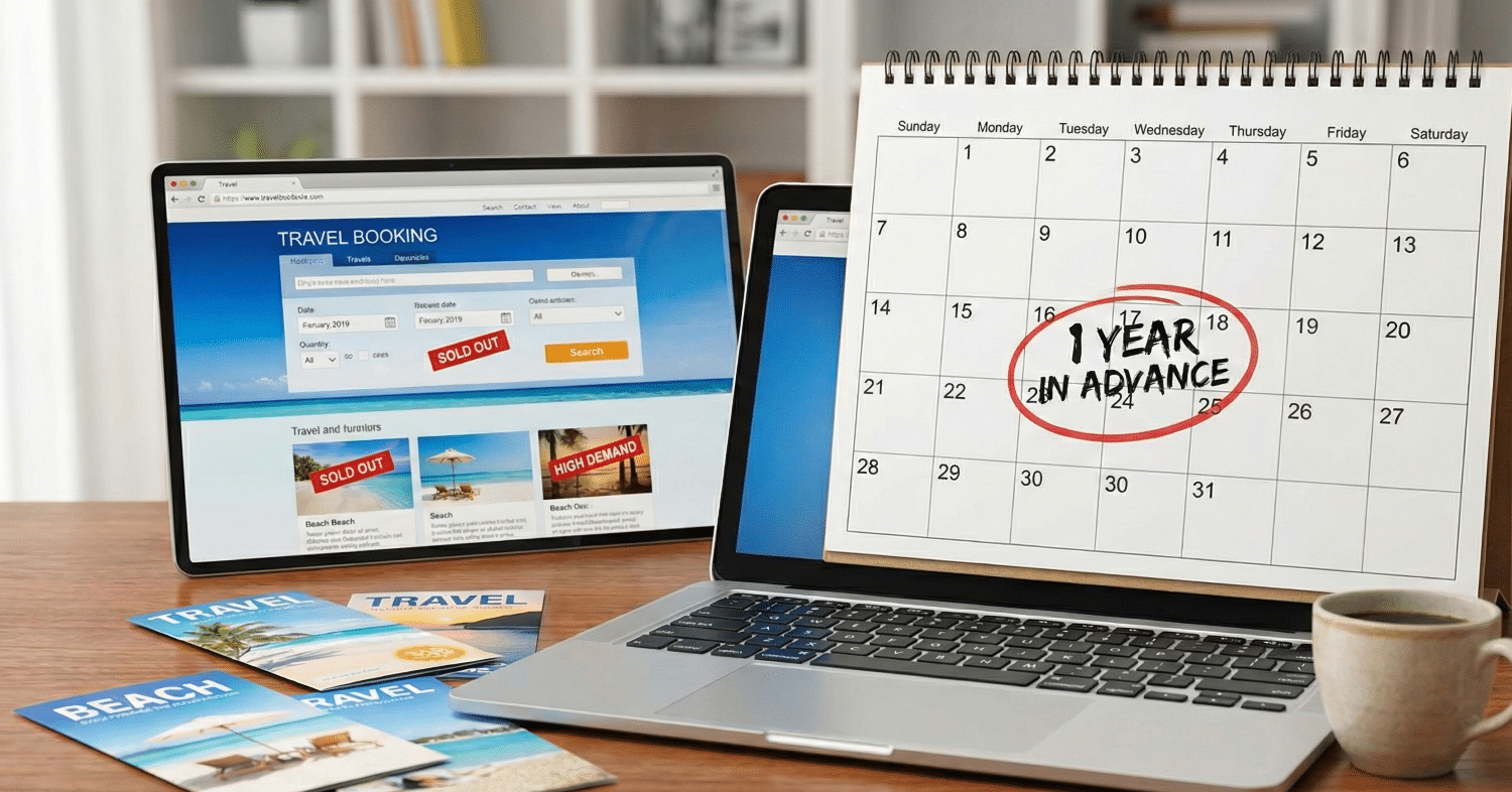 travel booking with calendar on laptop on desk