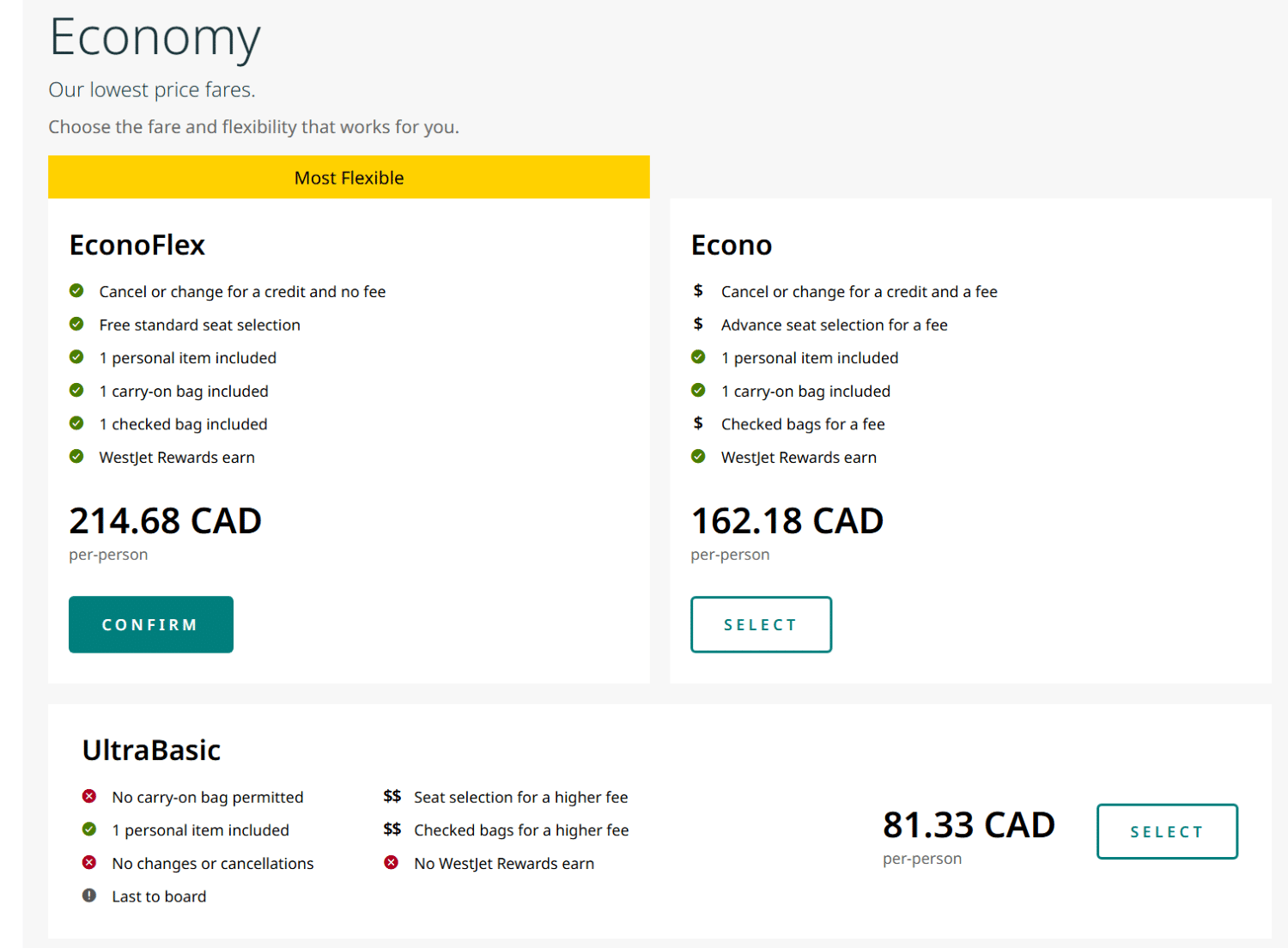 calgary to kelowna on westjet pricing