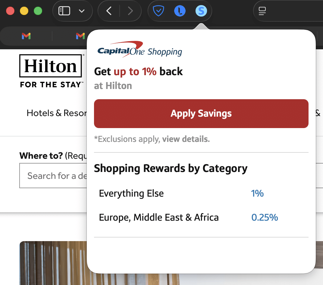 capital one shopping savings on hilton website via browser addon