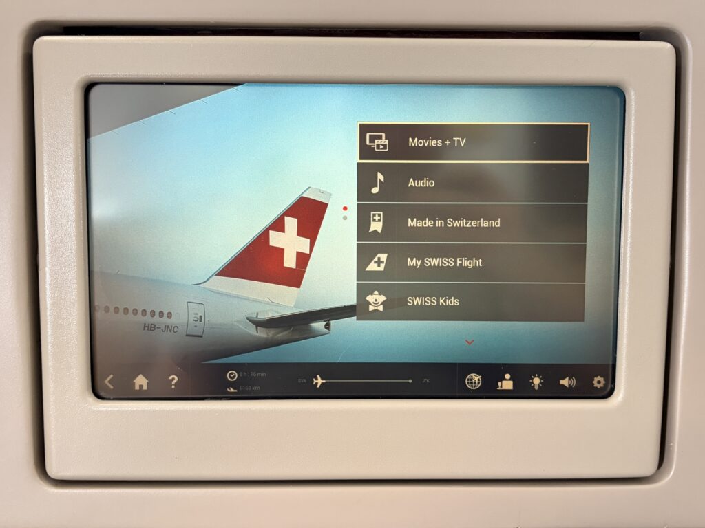 swiss business class a330 entertainment console home screen