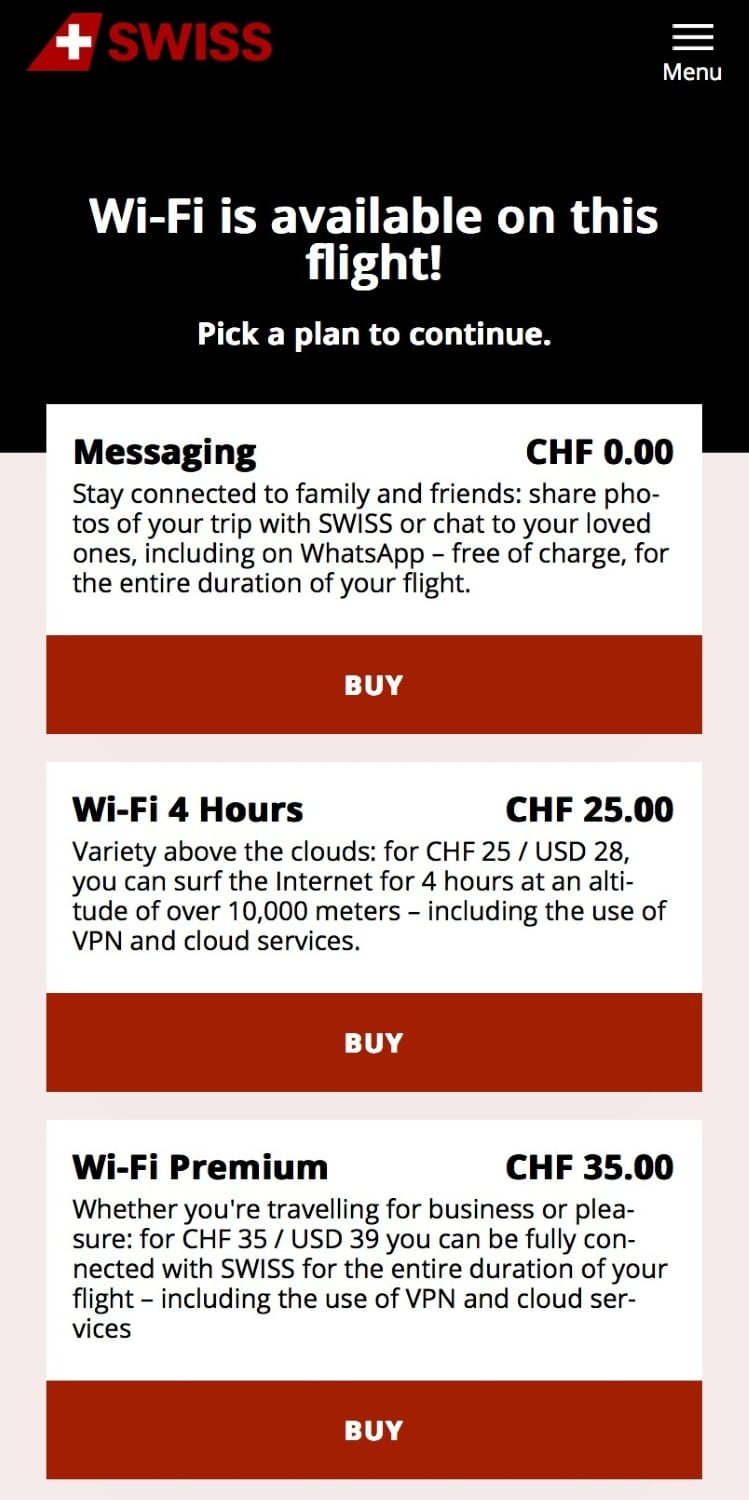 swiss business class a330 in-flight wifi pricing