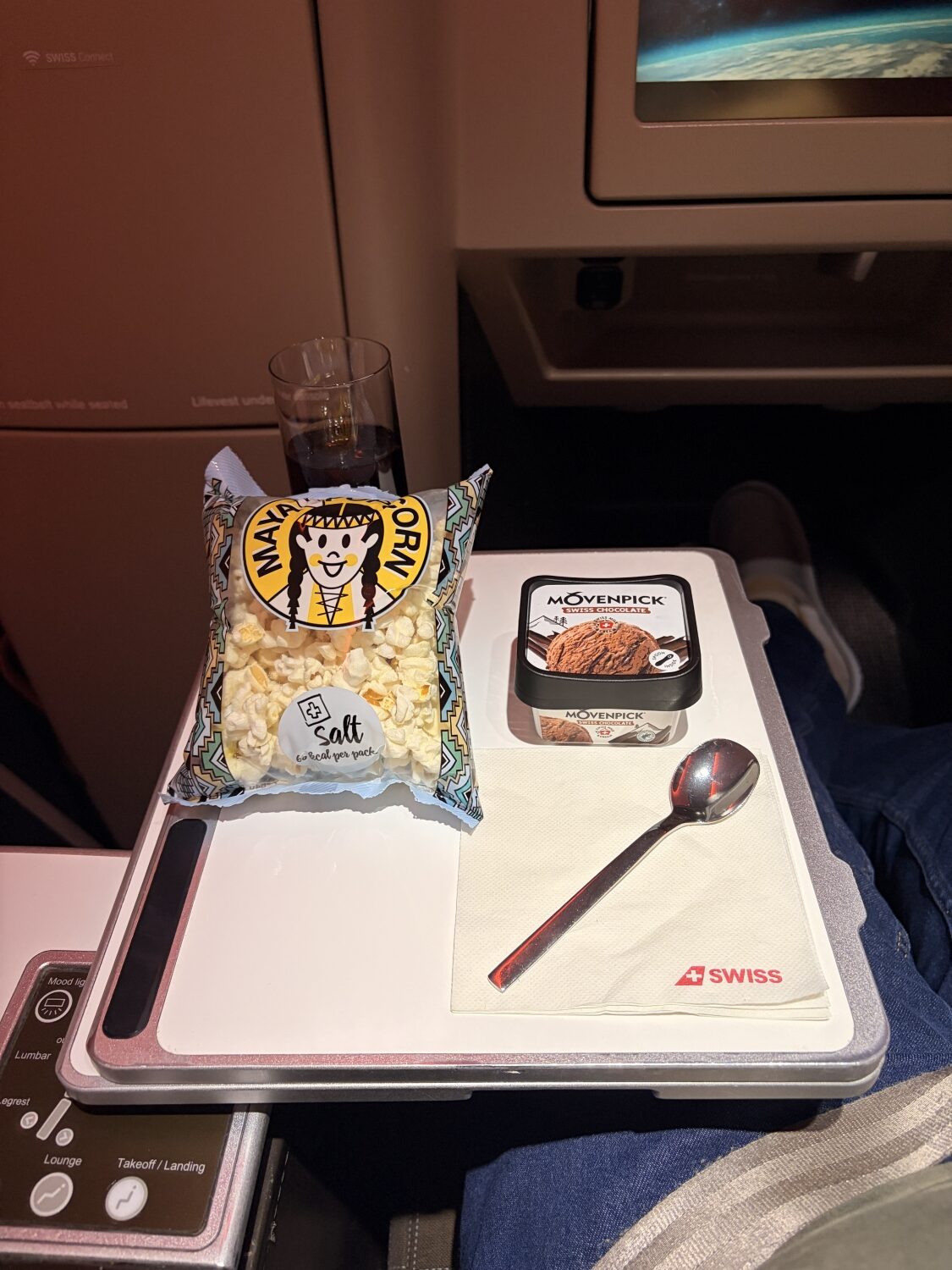 swiss business class a330 movie snacks popcorn and ice cream