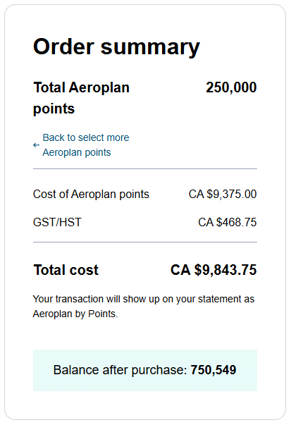 buy aeroplan points with gst hst charged