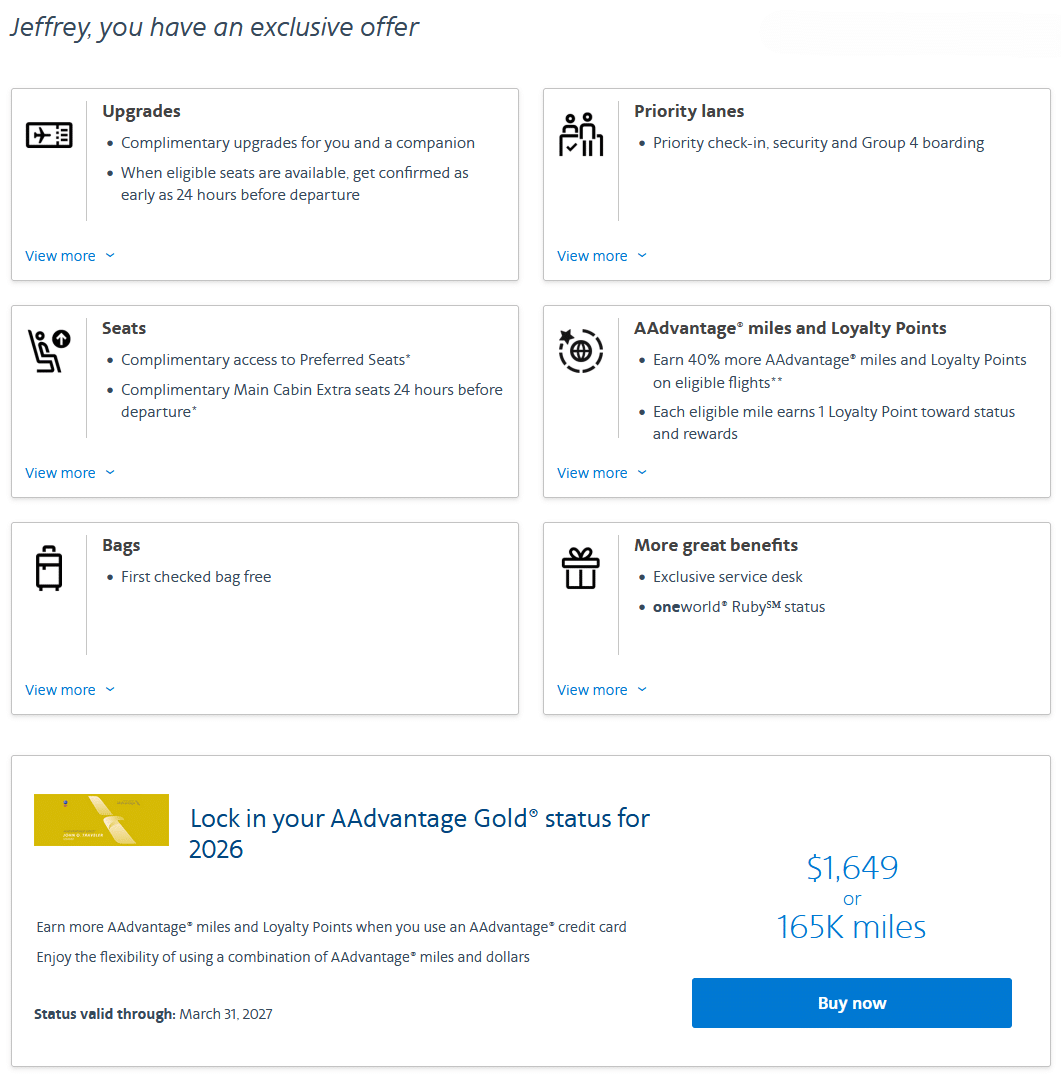 american airlines aadvantage status buy up offer