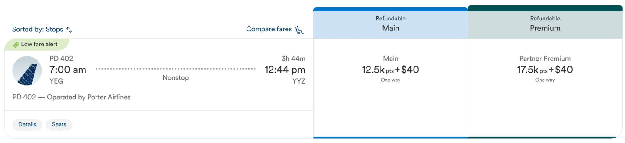 edmonton to toronto direct porter airlines via atmos rewards pricing