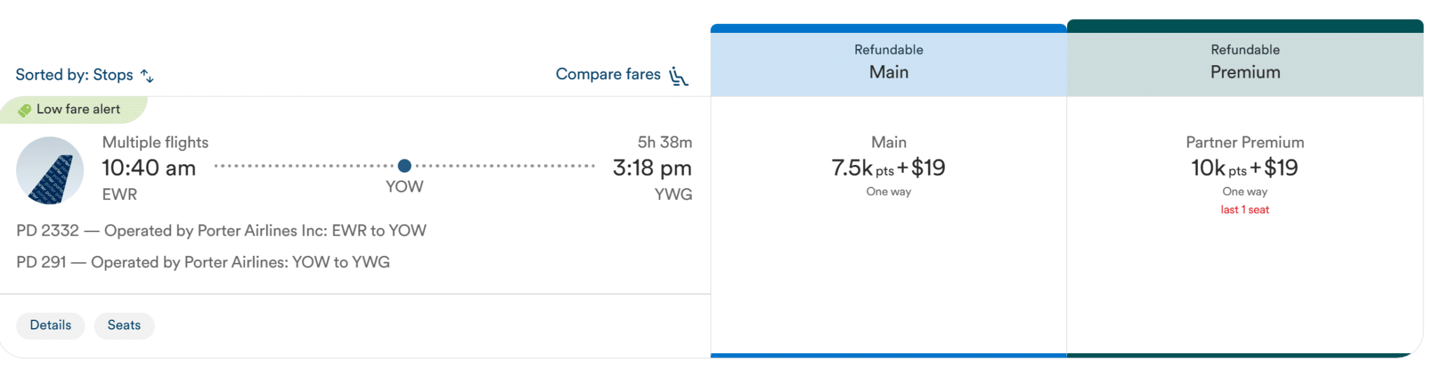 ewr to winnipeg porter airlines on atmos rewards pricing