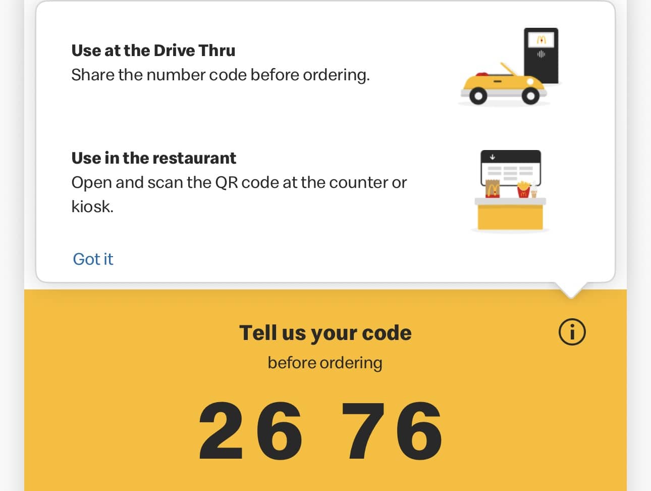 mymcdonalds order code four digits