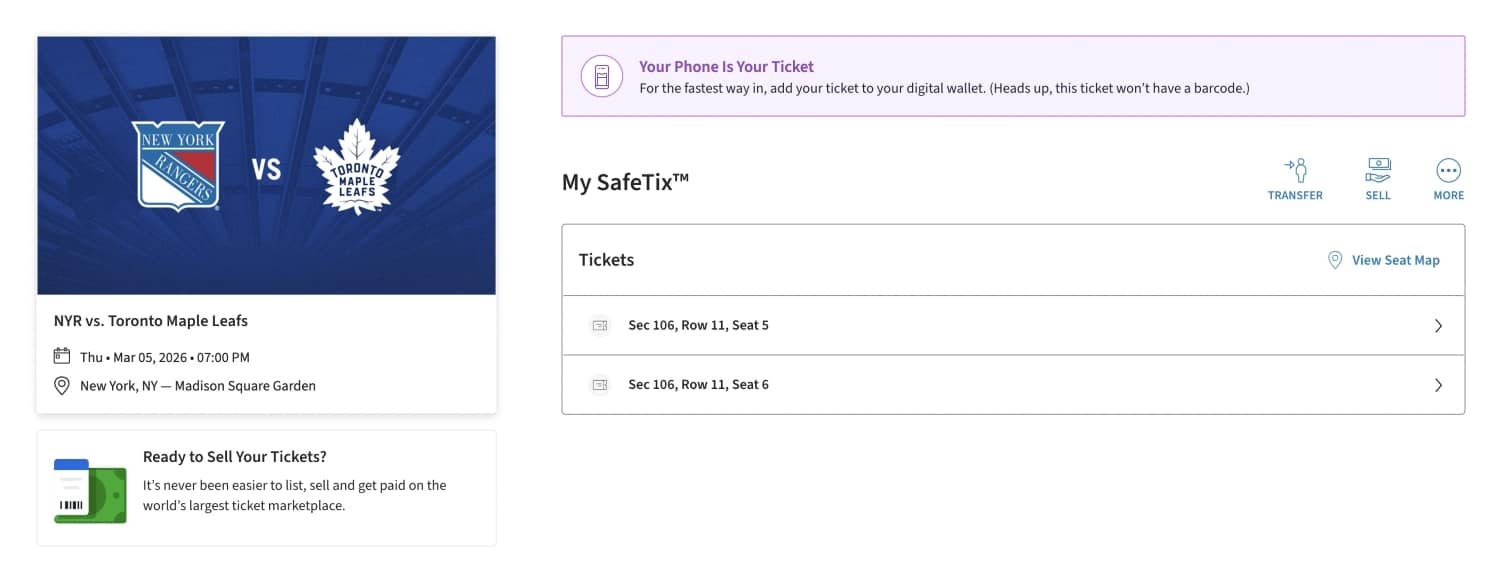 new york rangers vs toronto maple leafs tickets