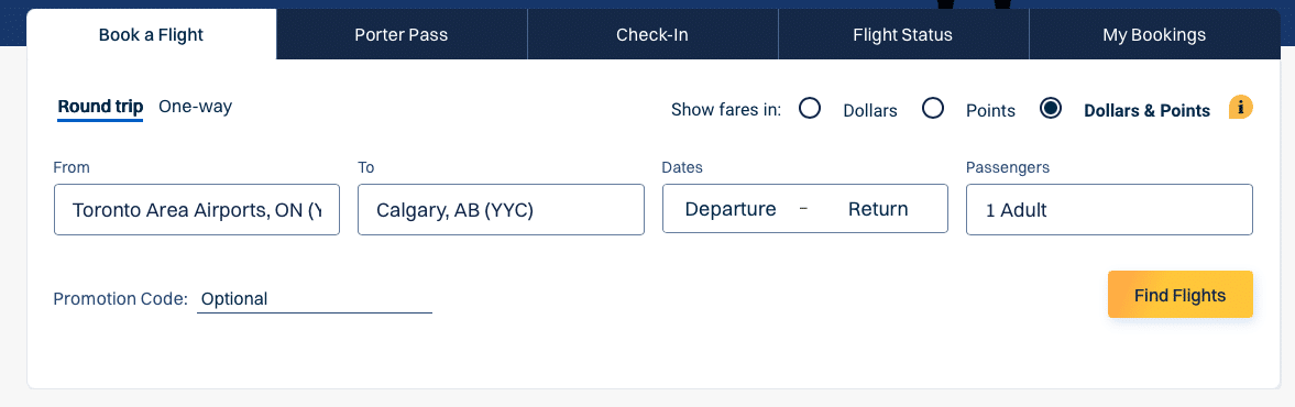 porter airlines flight search bar