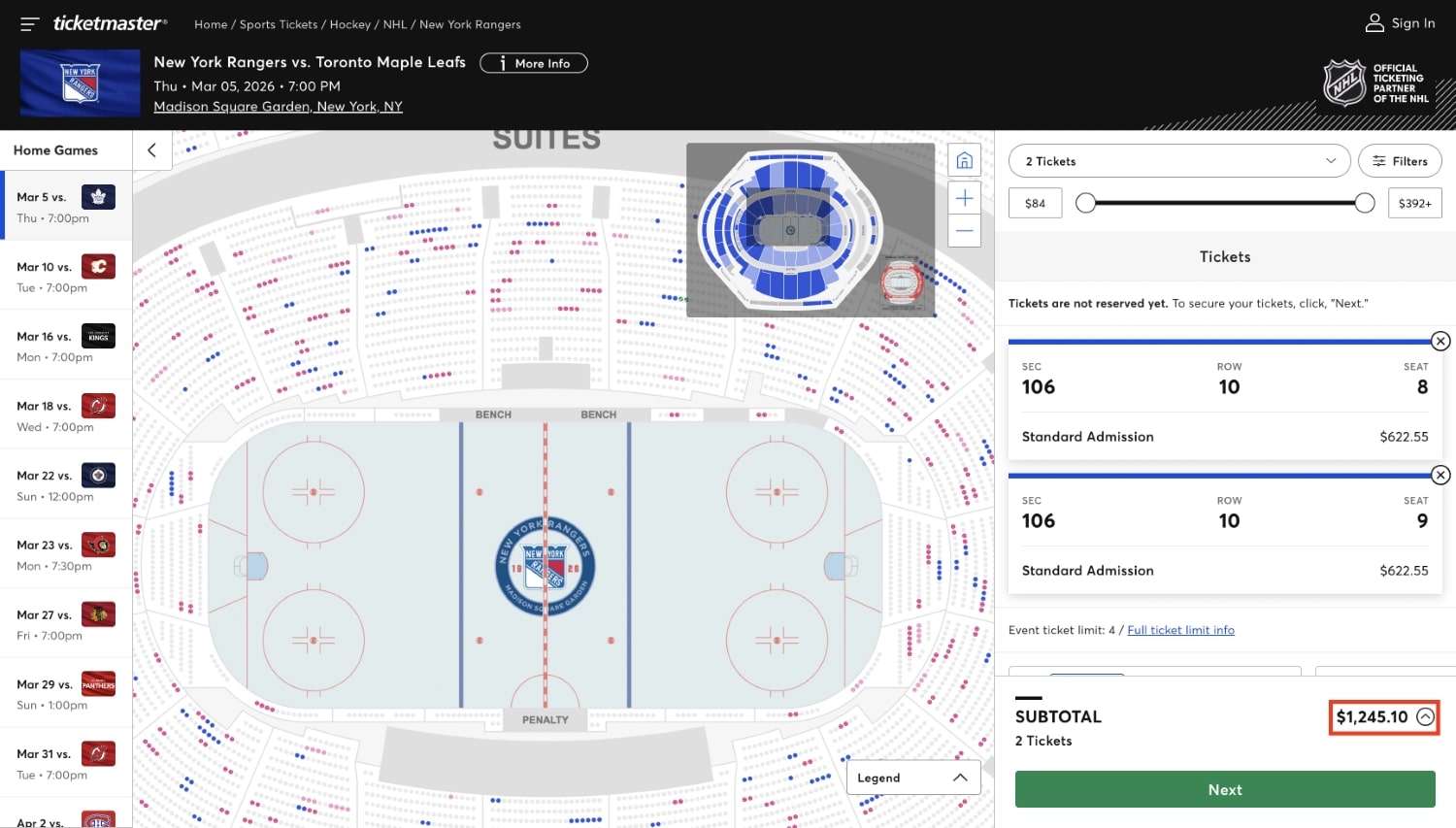 ticketmaster madison square garden seating map new york rangers game