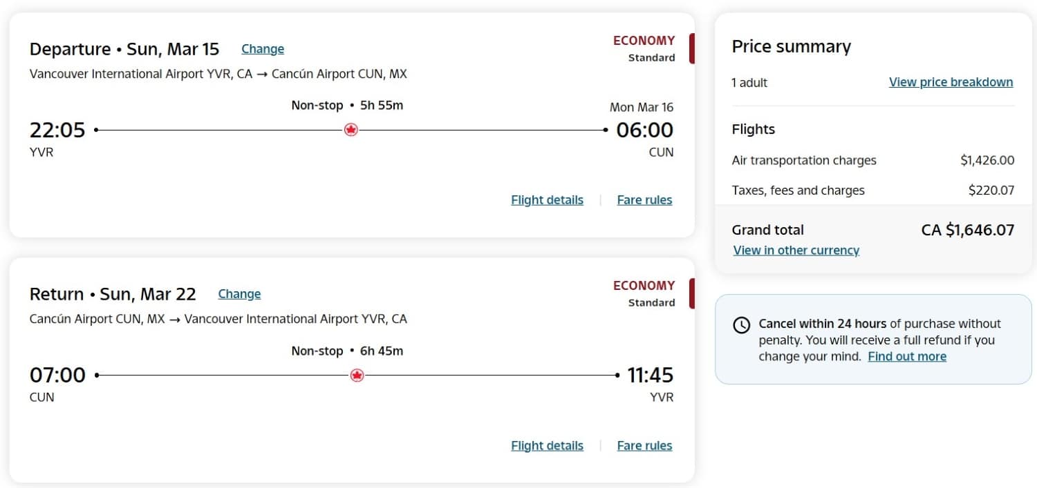 vancouver to cancun round-trip flights on air canada cash pricing