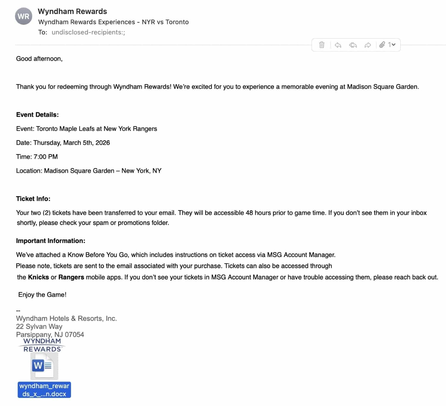 wyndham rewards experiences nhl tickets redemption email