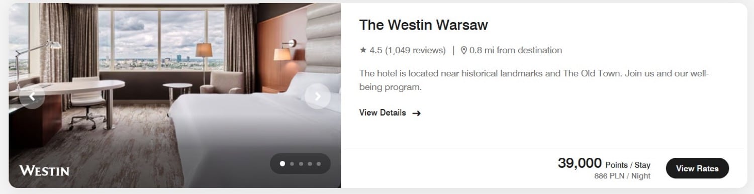 Westin Warsaw Marriott Bonvoy pricing 39,000 points per stay