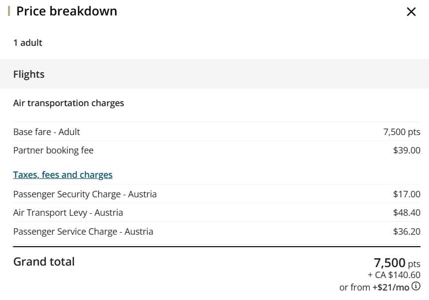 aeroplan partner booking fee taxes