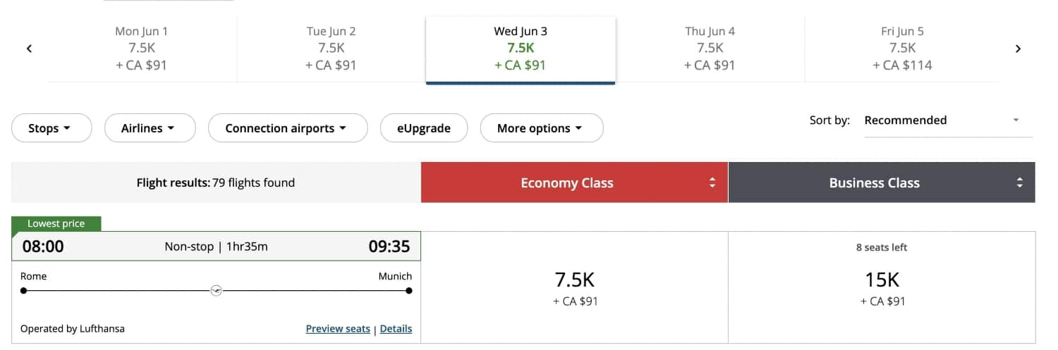 air canada aeroplan fco to muc redemption pricing