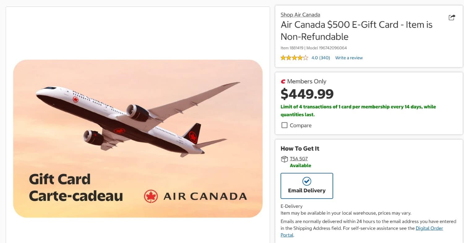 air canada gift card listed on costco canada
