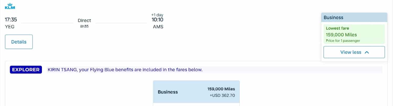 klm flying blue yeg to ams redemption with taxes