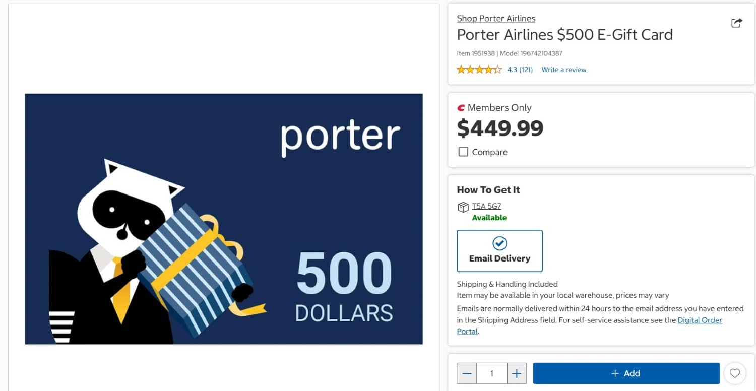 porter airlines egift card for sale on costco