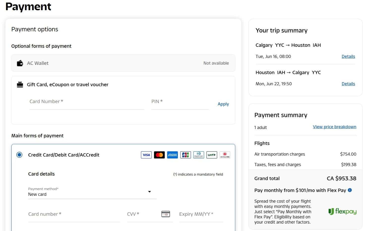 redeem air canada gift card option when purchasing air canada flight