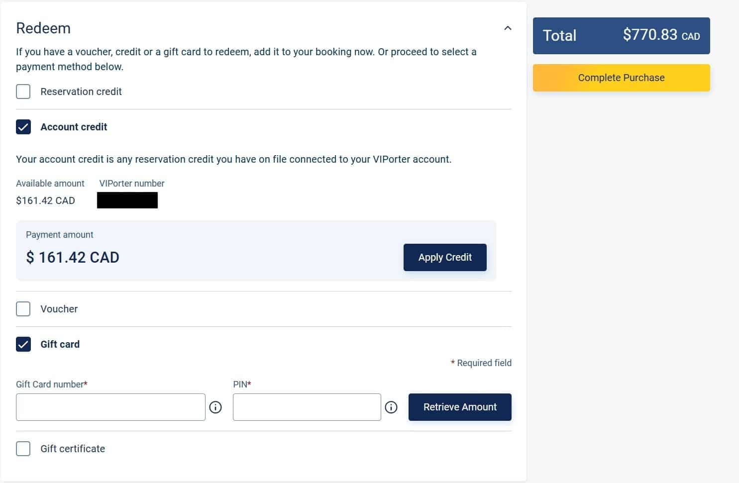 redeem gift card field when booking porter airlines flight