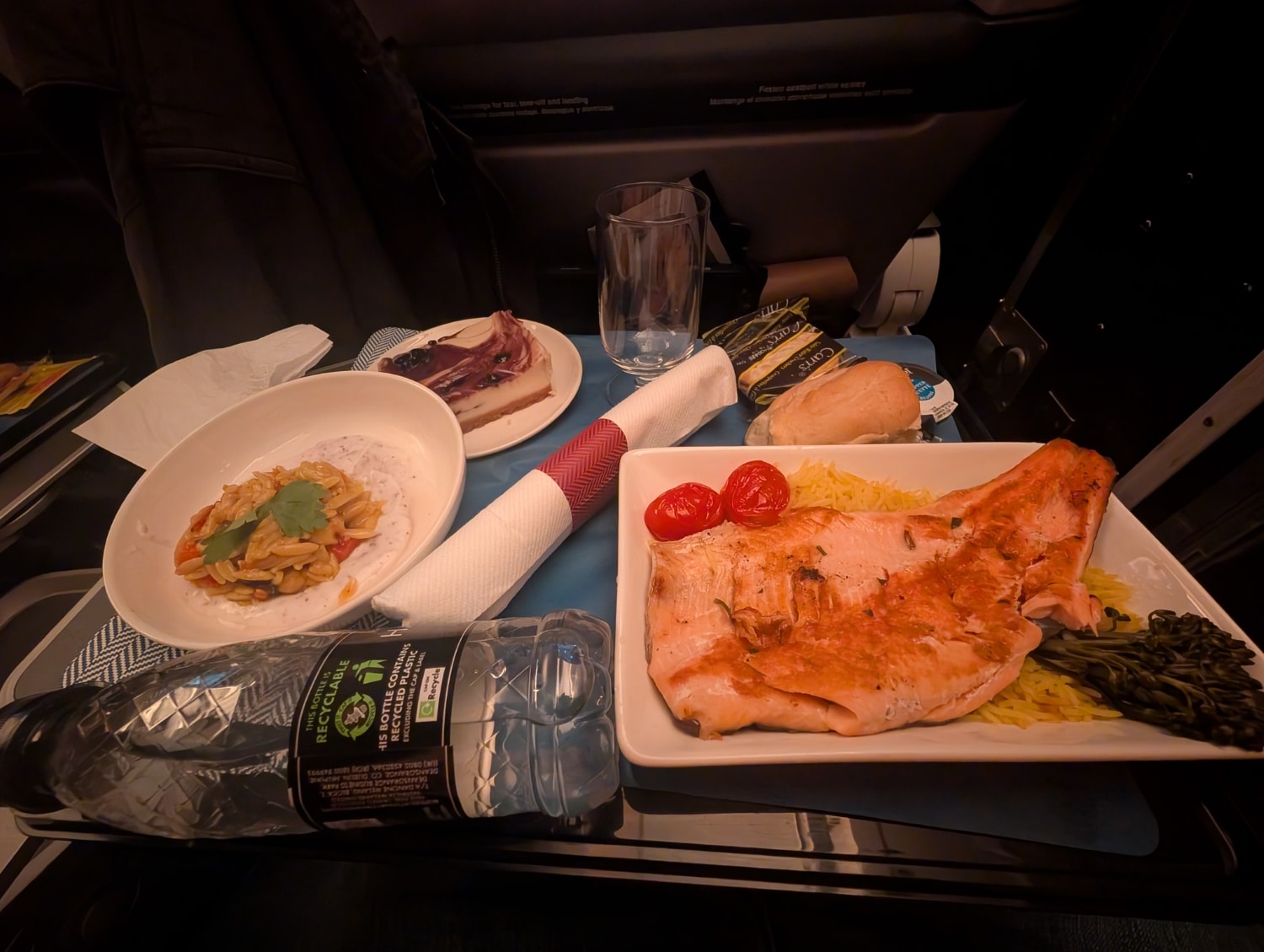 british airways premium economy dinner plated on tray