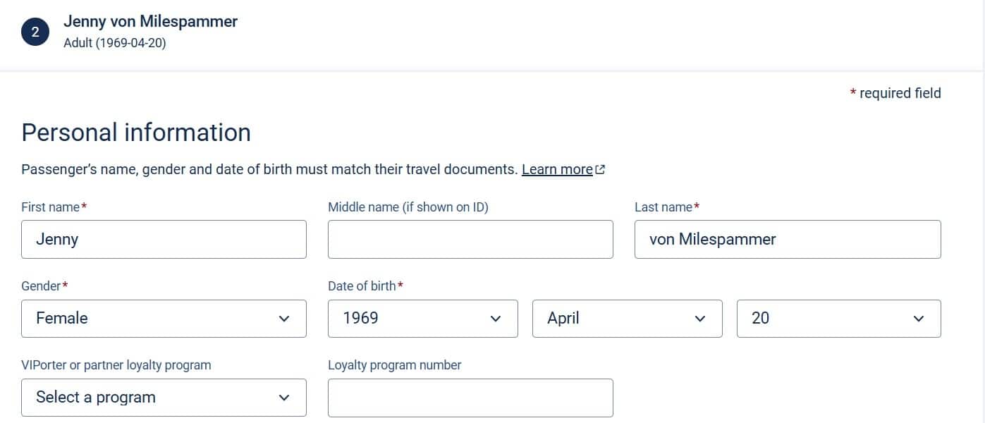 entering passengers details on porter airlines when using companion pass