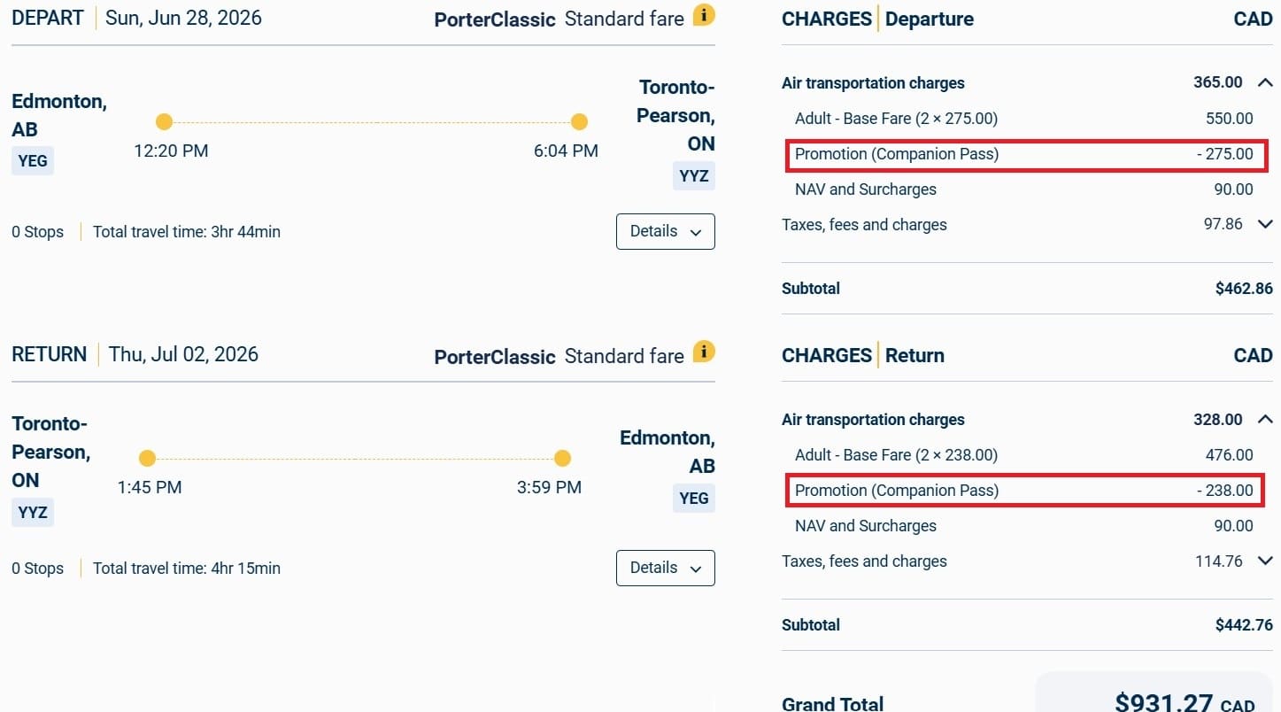 porter airlines booking yeg-yyz with porter companion pass applied total cost