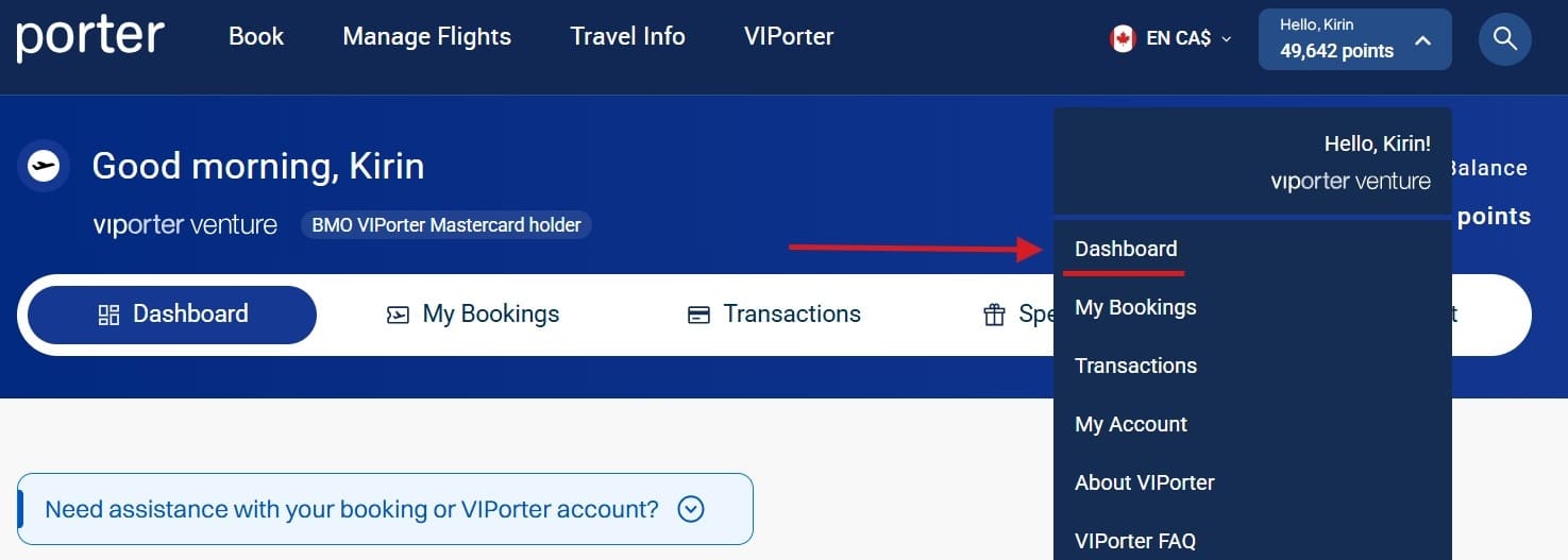 porter airlines member dashboard location