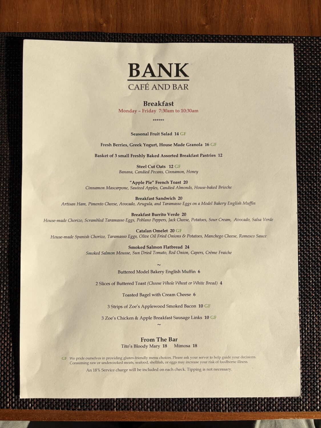 westin verasa napa bank restaurant breakfast menu