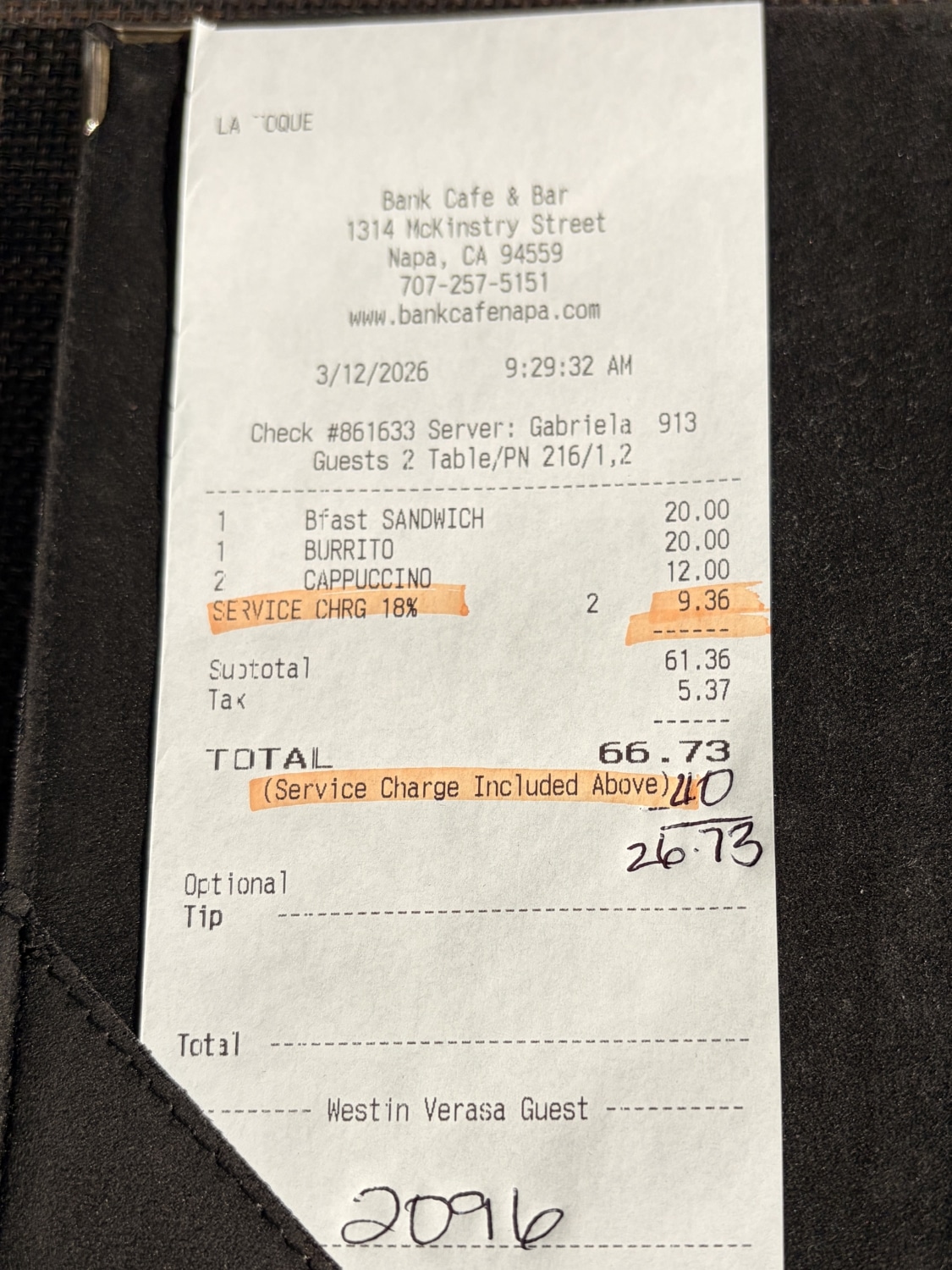 westin verasa napa bank restaurant breakfast receipt