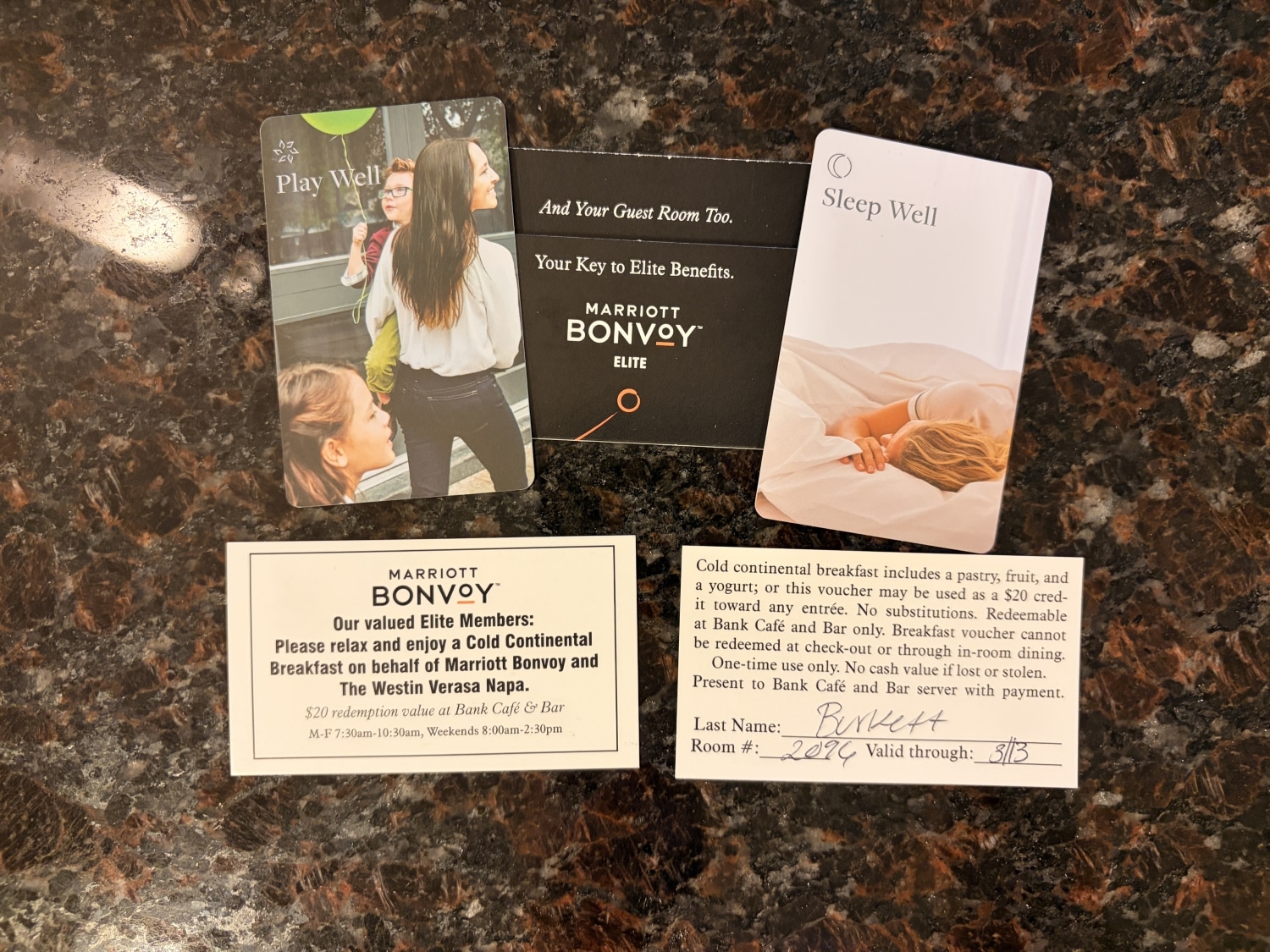 westin verasa napa complimentary breakfast certs with key cards