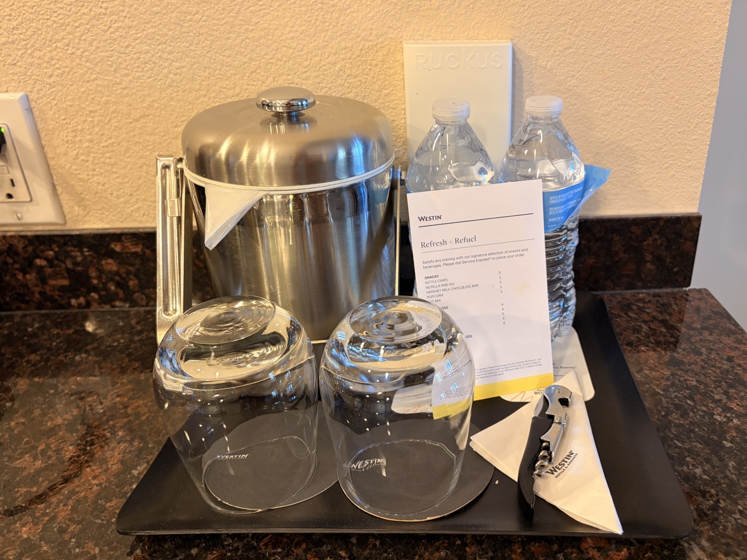 westin verasa napa premium 1 bedroom suite glassware with water bottles