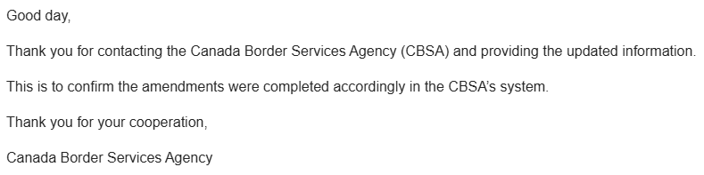 cbsa confirm nexus passport details updated email