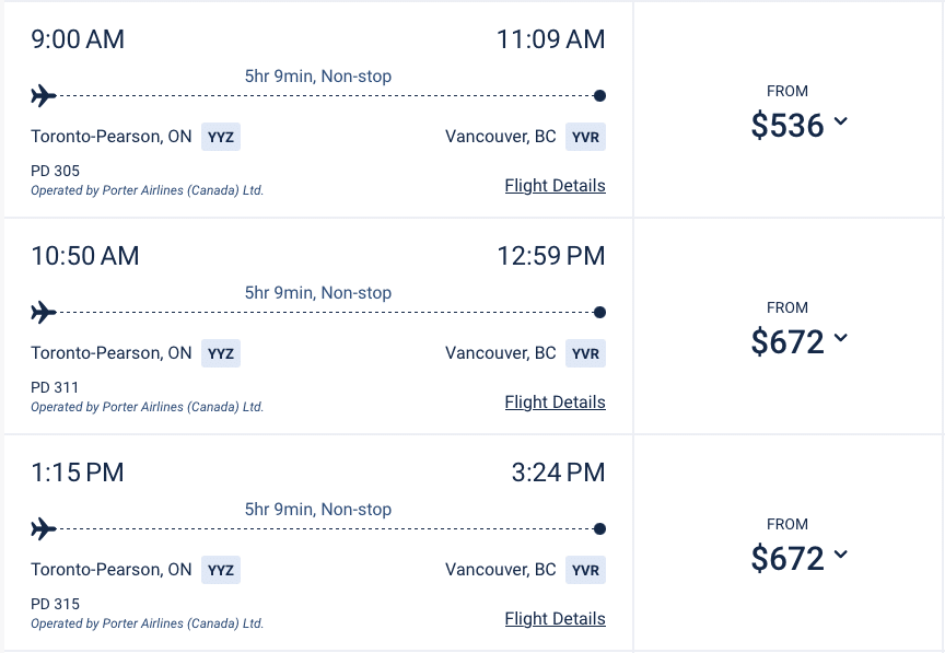 porter airlines toronto to vancouver cash fare prices