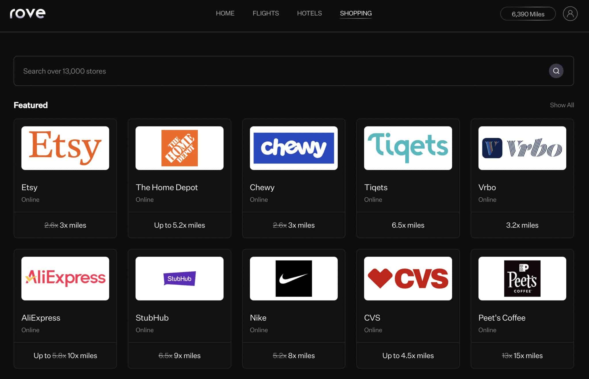 rove miles shopping portal homepage