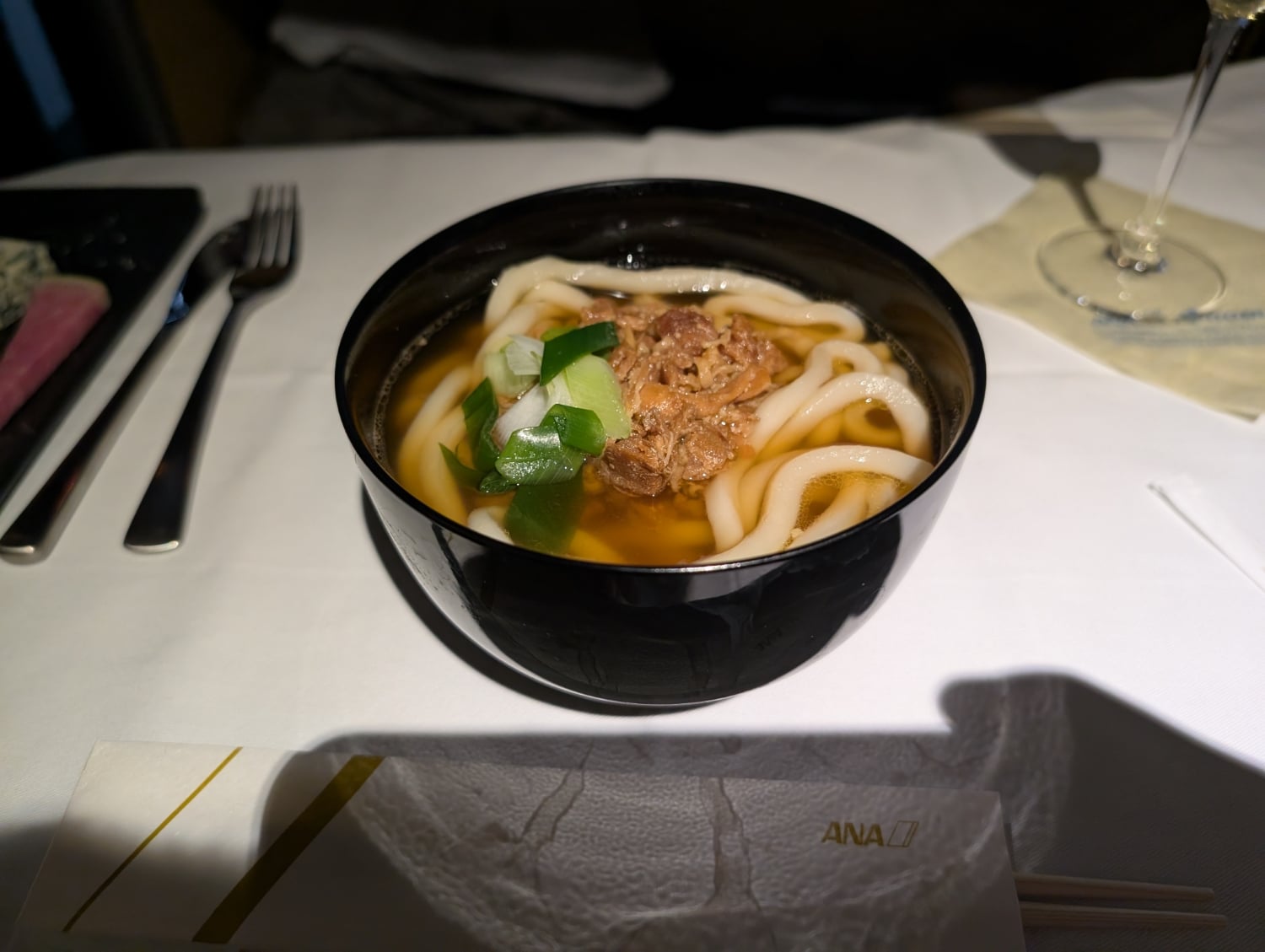 ana first class 777-300er udon noodles with chicken