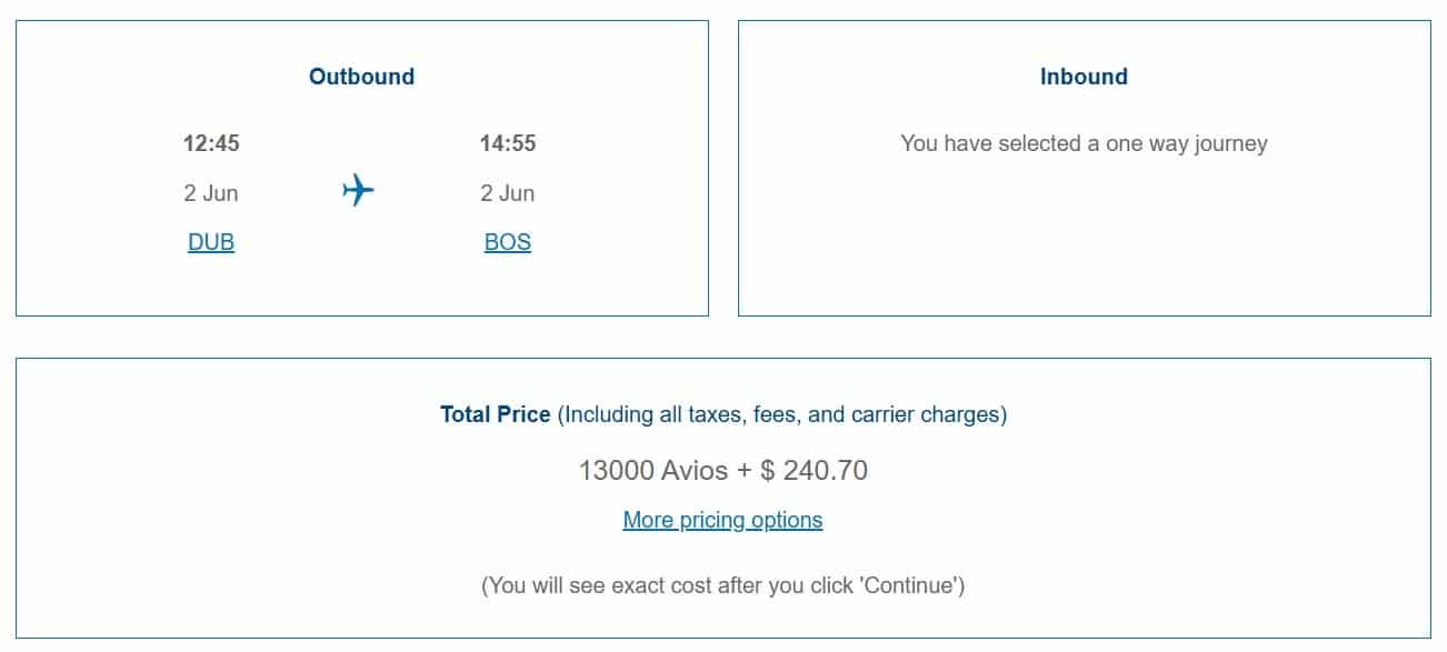 dublin to boston economy redemption with british airways avios