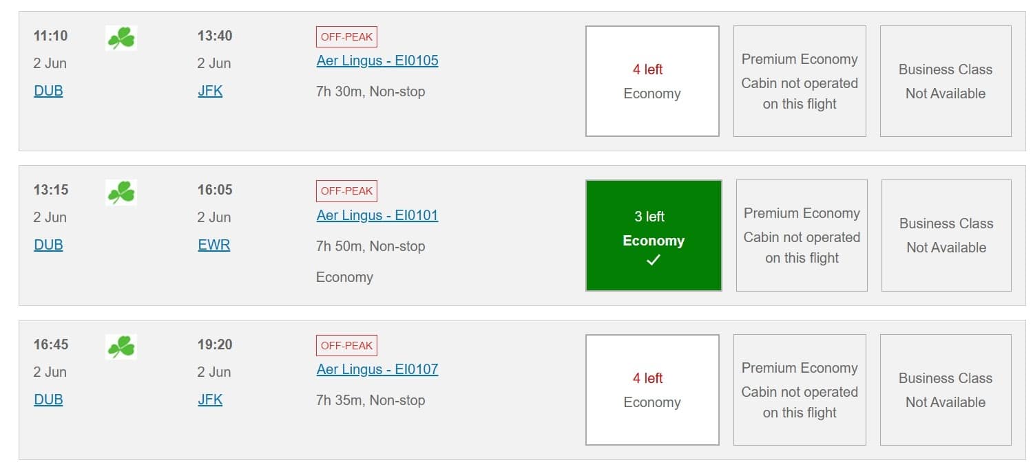 dublin to new york economy redemption options on british airways avios