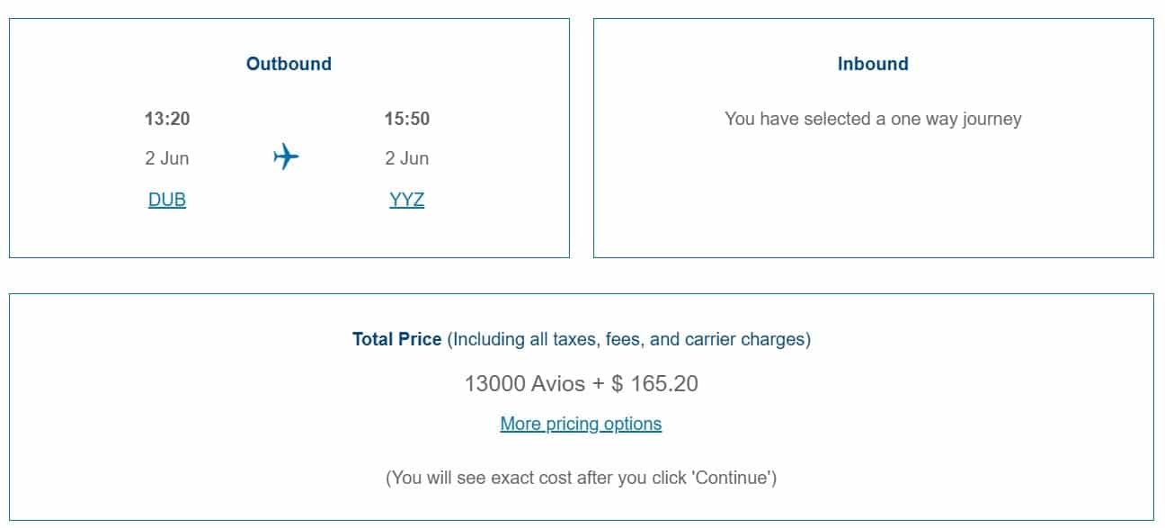 dublin to toronto economy redemption on british airways avios