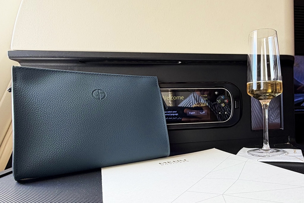 eithad airways business class a380 amenity kit with welcome champagne