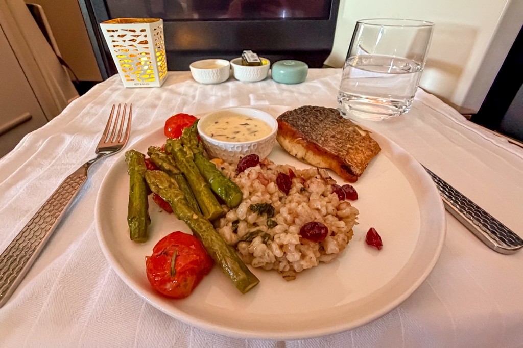 etihad airways business class a380 blackened sea bass entree