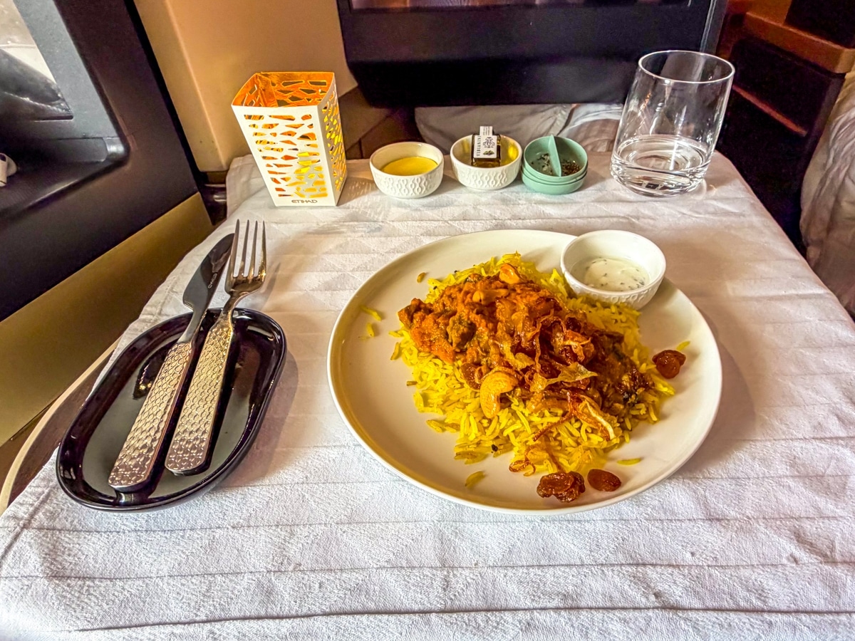etihad airways business class a380 lamb biryani main
