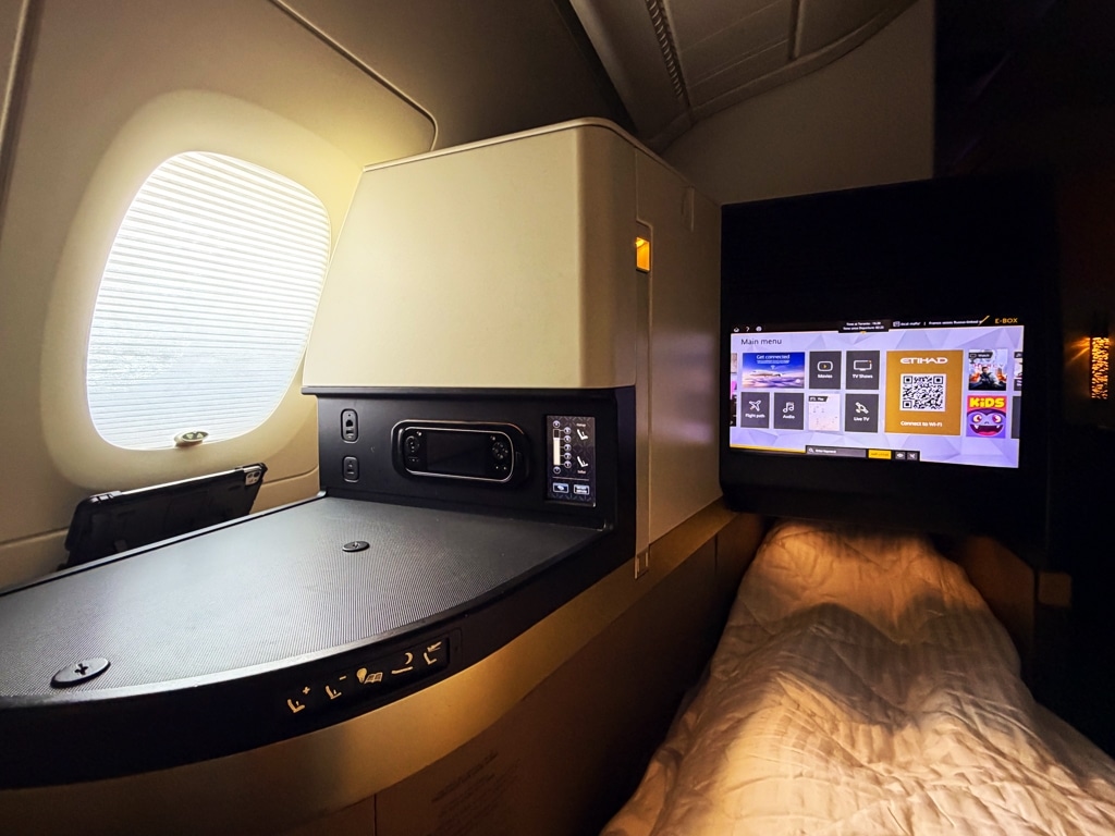etihad airways business class a380 view of seat from lie-flat bed